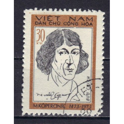 Vietnam Du Nord 1973 : 500è Anniversaire De La Naissance De Nicolas Copernic - Timbre 30 Xu. Brun Et Noir Oblitéré