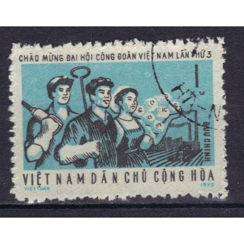 Vietnam Du Nord 1972 : 3è Congrès National Des Syndicats Ouvriers - Timbre 1 Xu. Noir Et Bleu Oblitéré