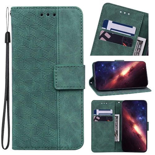 Étui Pour Iphone 15 Pro Max Caractéristique De Bécote Flip Folio Géométrique En Relief Cuir Pu Premium Portefeuille Couverture - Vert