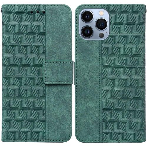 Étui Pour Iphone 15 Pro Max Géométrique En Relief Caractéristique De Bécote Flip Folio Portefeuille Couverture Cuir Pu Premium - Vert