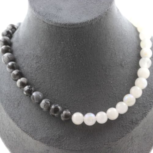 Collier Perles Pierre De Lune + Obsidienne Flocon De Neige 8 Mm. Collier Femmes, Hommes. Taille Personnalisable.