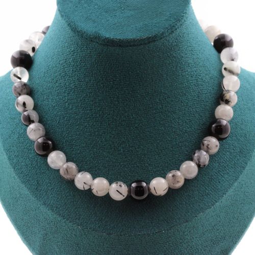 Collier Perles Quartz Rutile Noir 8 Mm + Agate Noire 10 Mm. Chaine En Collier Femmes, Hommes. Taille Personnalisable.
