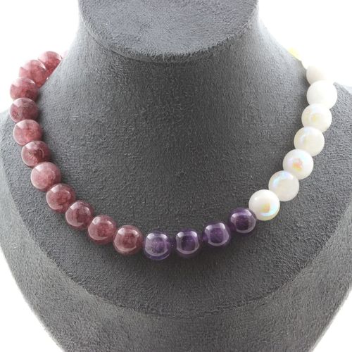 Collier Perles Améthyste 10 Mm + Pierre De Lune 10 Mm + Lépidolite 10 Collier Femmes, Hommes. Taille Personnalisable.