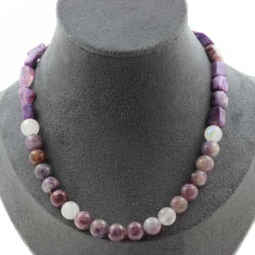 Collier Perles Charoite De Russie + Pierre De Lune + Mica Violet De Collier Femmes, Hommes. Taille Personnalisable.