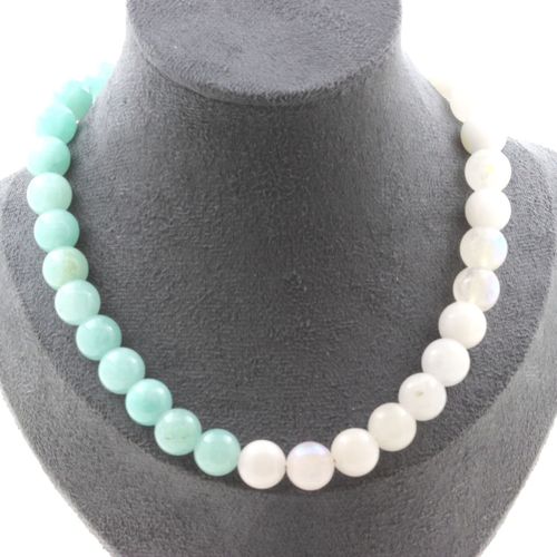 Collier Perles Angélite 10 Mm + Pierre De Lune 10 Mm. Chaine En Acier Collier Femmes, Hommes. Taille Personnalisable.