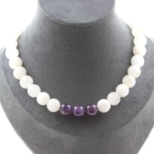 Collier Perles Pierre De Lune 10 Mm + Améthyste 10 Mm. Chaine En Acier Collier Femmes, Hommes. Taille Personnalisable.
