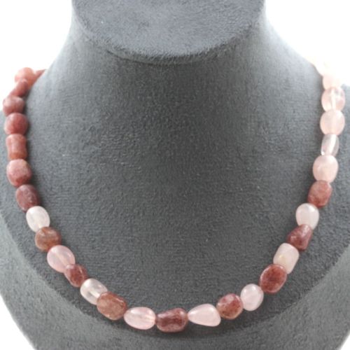 Collier Perles Quartz Rose Du Brésil + Rubis Du Brésil. Chaine En Collier Femmes, Hommes. Taille Personnalisable.