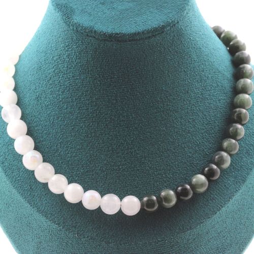 Collier Perles Pierre De Lune + Seraphinite De Russie 8 Mm. Chaine En Collier Femmes, Hommes. Taille Personnalisable.