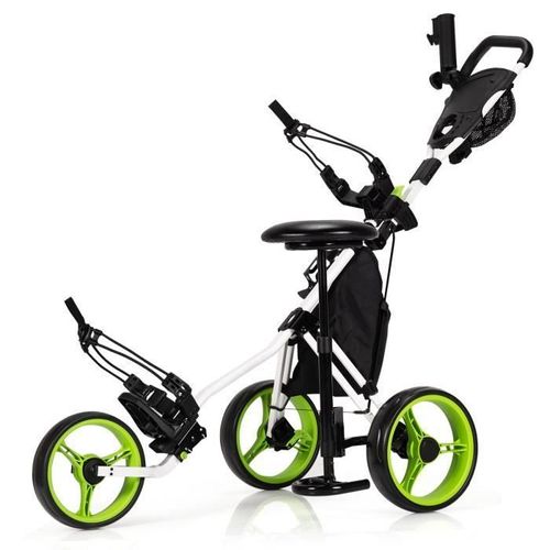 Costway Chariot De Golf Pliable 3 Roues-4 Hauteurs Réglables-Siège Hydraulique-Porte-Parapluie Réglable-Porte-Boisson-Sac-Vert