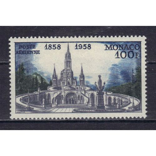 Monaco 1958 Poste Aerienne : Centenaire Des Apparitions De Lourdes : Ancienne Basilique De Lourdes - Timbre 100 F. Olive, Bleu Et Gris-Lilas Neuf *