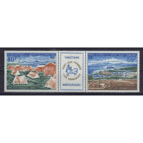 Terres Australes Et Antarctiques Francaises 1971 (Taaf) Poste Aerienne : Port-Aux-Français- Triptyque Neuf ** Avec Vignette Centrale Cote 60 