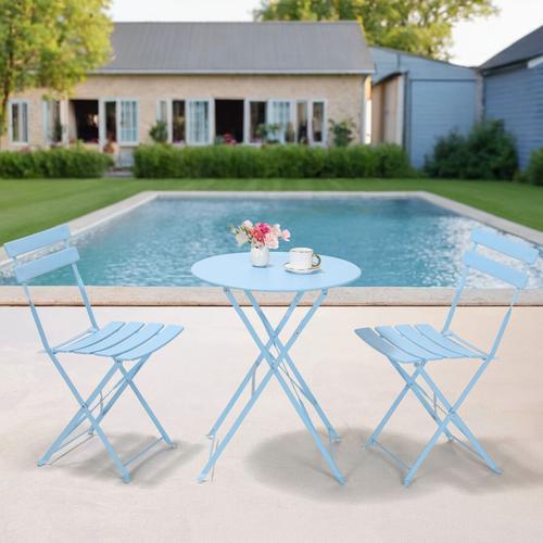 Lot De 3 Meubles De Balcon - 2 Chaises Pliantes Et 1 Table Pliante - Ensemble De Meubles De Jardin En Métal Bleu