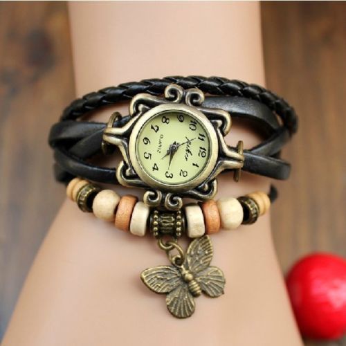 Montre Bracelet /Femme / Fille / Cuir Avec Perles Et Papillon-Wristband