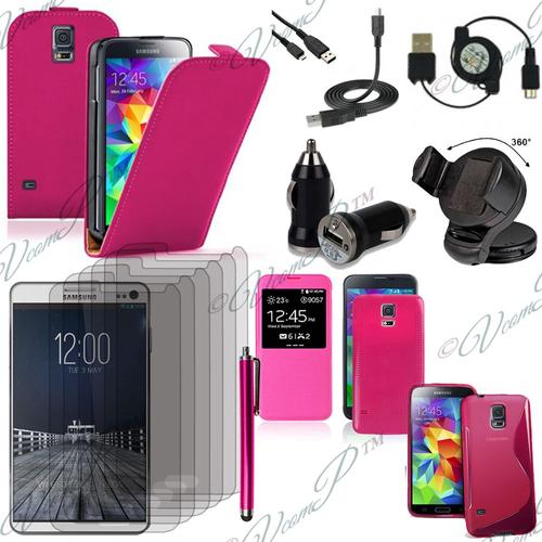 Lot Etui Housse Coque Pochette Accessoires Silicone Gel Support Chargeur Voiture Films Stylet Cuir Slim Ultra Fine S-View Pour Samsung Galaxy S5 Gs 5 Sm-G900f/Sm-G900h - Rose