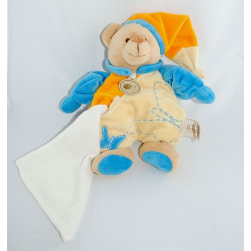 Babynat Doudou Ours Jaune Bleu Orange Avec Mouchoir Broderie Papillon