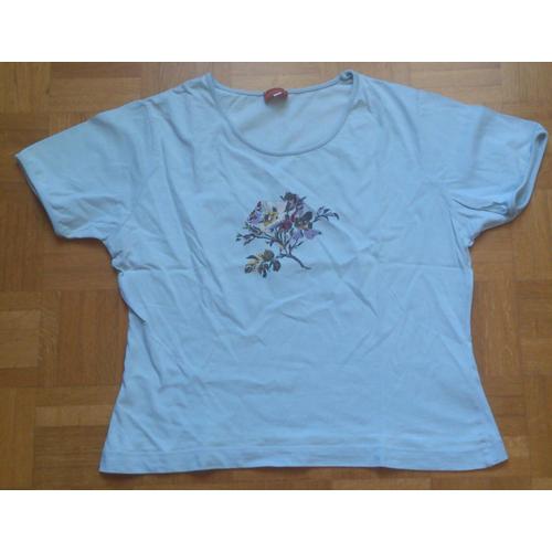 T-Shirt Femme Cyrillus Manches Courtes T.2 Bleu Ciel Broderies Et Imprimé Fleurs Sur La Poitrine