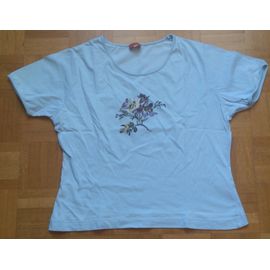 T-Shirt Femme Cyrillus Manches Courtes T.2 Bleu Ciel Broderies Et Imprimé Fleurs Sur La Poitrine