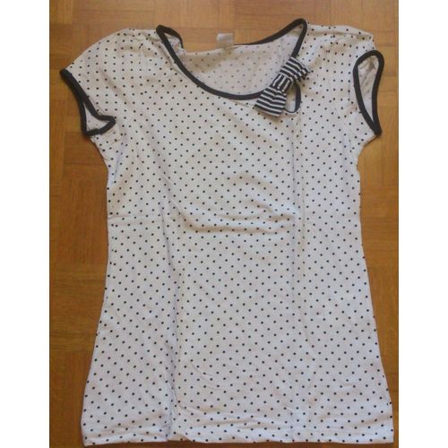 T-Shirt Femme Manches Courtes Blanc À Pois Bleu Marque Camaïeu Taille 2