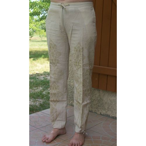 Pantalon D'été - Tissu Léger (Lin/Coton) Beige. Taille Basse. Liens Serrage Chevilles. 38/40
