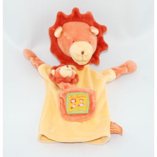Moulin Roty Doudou Lion Et Son Bébé Marionnette Collection Les Loustics Jaune Rouge Orange