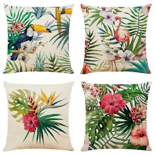 Lot De 4 Housses De Coussin 45x45 Plantes Tropicales Coussins Décoratifs Coussins De Canapé En Lin Goodnice
