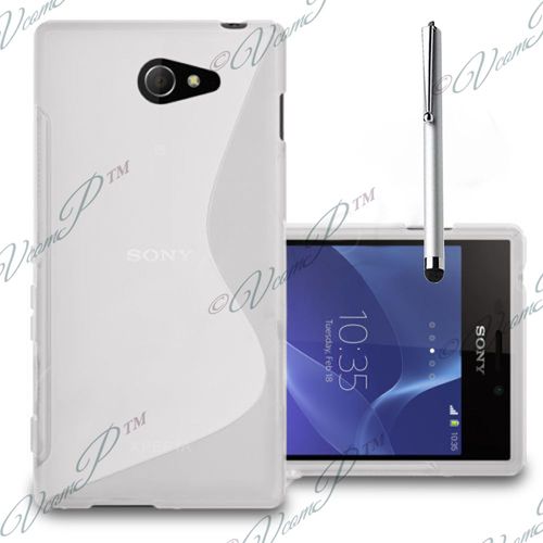 Coque Silicone Pour Sony Xperia M2 4.8" Gel Motif S Au Dos - Blanc + Stylet