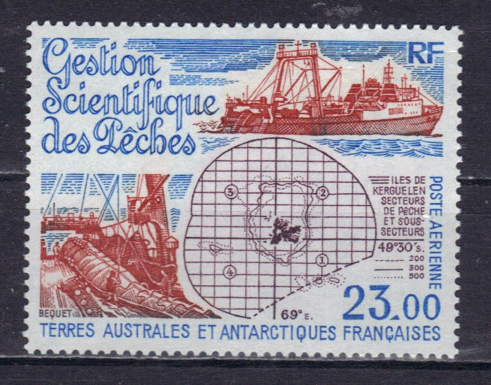 Terres Australes Et Antarctiques Francaises 1994 (Taaf) Poste Aerienne : Gestion Scientifique Des Pêches : Chalutier, Carte - Timbre 23 F. Bleu, Brun-Orange Et Lilas Neuf ** Cote 11 ¿