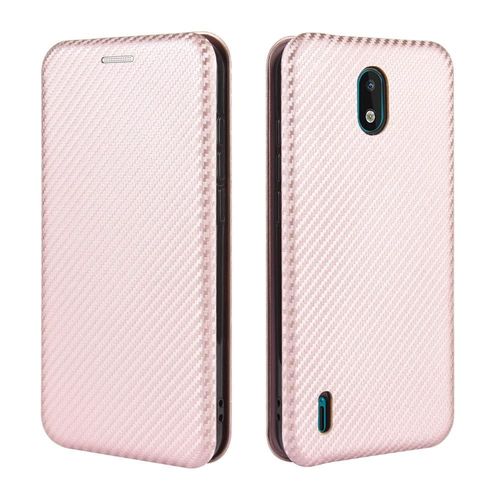 Étui Pour Nokia 1.3 Fibre De Carbone Magnétique Coque En Cuir Folio Flip Insertion De Carte Avec Porte-Cartes Kickstand Protection Complète - Couleur Rose