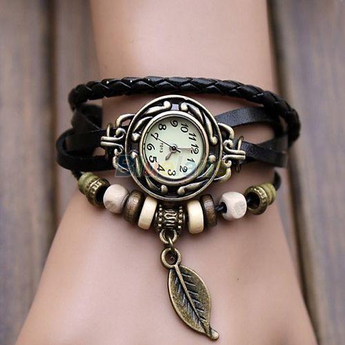 Montre Bracelet /Femme / Fille / Cuir Avec Perles Et Feuille-Wristband