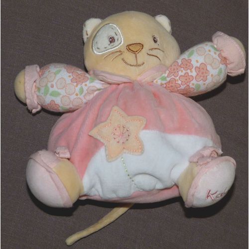 Chat Doudou Cat Kaloo Rose Hochet Grelot Blanc Rose Tissu À Fleurs Beige Patapouf Boule 19 Cm