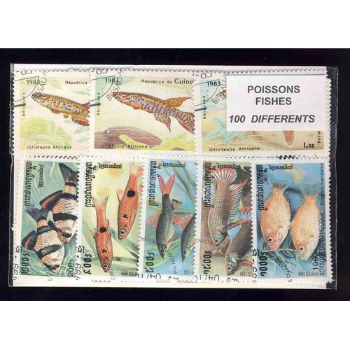 Poissons - 100 Timbres Differents Tous Pays Obliteres
