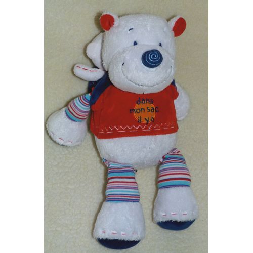 Ours Blanc Doudou Nounours Et Son Bébé Sans Son Sac Rouge Bleu Rayé Teddy Bear Catimini