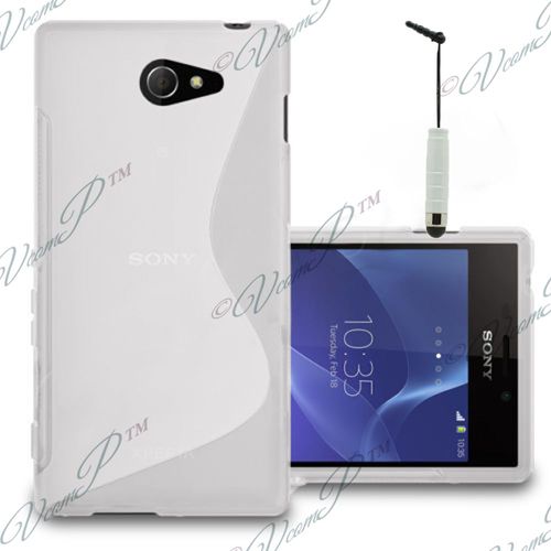 Coque Silicone Pour Sony Xperia M2 4.8" Gel Motif S Au Dos - Blanc + Mini Stylet