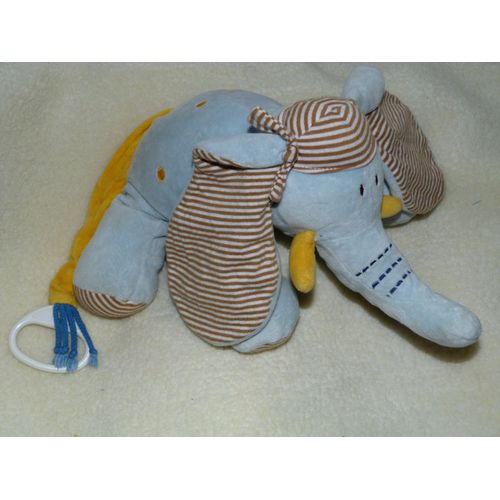 Éléphant Doudou Peluche Plush Comforter Bleu Jaune Marron Et Blanc Rayé Musical 