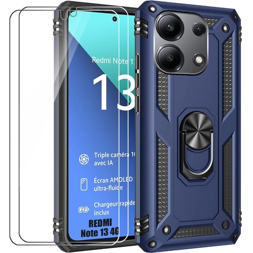 Coque + 2 Verres Trempés Pour Xiaomi Redmi Note 13 4g (Pas Pour 5g), Coque Avec Anneau Support Renforcée - Bleu Marine - E.F.Connection