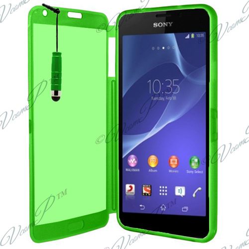 Coque Silicone Pour Sony Xperia M2 4.8" Gel Livre Rabat - Vert + Mini Stylet