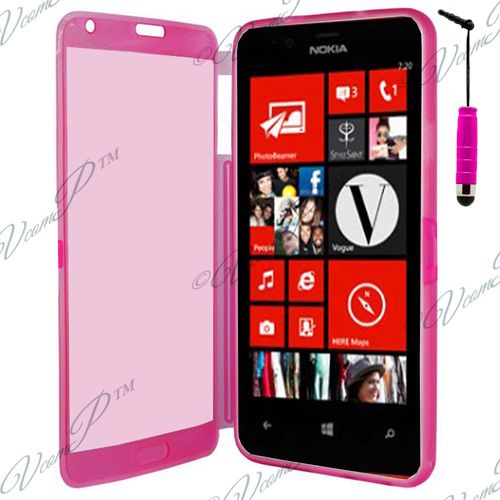 Coque Silicone Pour Nokia Lumia 520 4.0" Gel Livre Rabat - Rose + Mini Stylet