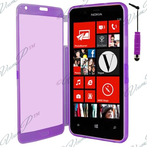 Coque Silicone Pour Nokia Lumia 520 4.0" Gel Livre Rabat - Violet + Mini Stylet