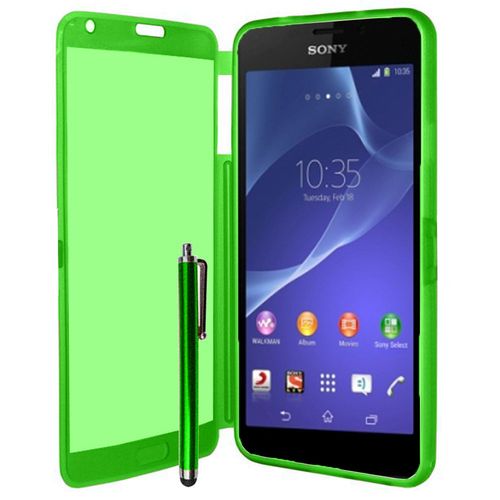 Coque Silicone Pour Sony Xperia M2 4.8" Gel Livre Rabat - Vert + Stylet