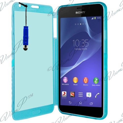 Coque Silicone Pour Sony Xperia Z2 5.2" Gel Livre Rabat - Bleu + Mini Stylet