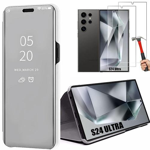 Coque Pour Samsung Galaxy S24 Ultra Avec 2 Verres Trempés Protection Effet Mirroir Smart Case Argenté - Booling