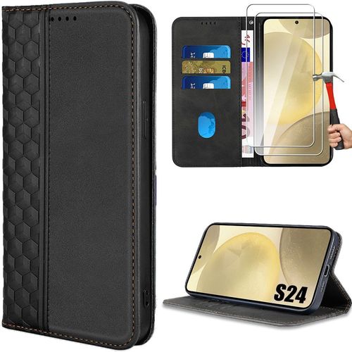 Coque + 2 Verres Trempés Pour Samsung Galaxy S24, Protection Anti-Rayures Effet Cuir Luxe Fermeture Magnétique - Noir - Booling