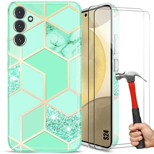 Coque + 2 Verres Trempés Pour Samsung Galaxy S24, Slim Souple Antichoc Motif Marbre Turquoise - Booling