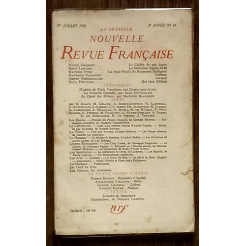 La Nouvelle Revue Française N°19 ,1er Juillet 1954:Maurice Blanchot,Le Chant Des Sirènes;René Leriche,La Médecine Depuis 1940,Raymond Radiguet,Poèmes...