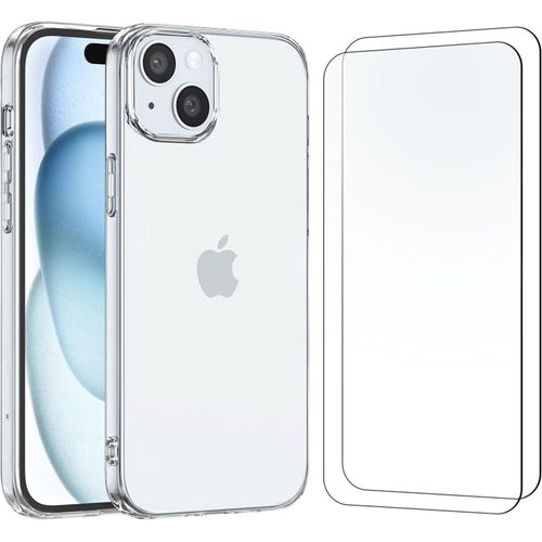 Hqselection® Coque Pour Iphone 15 Plus (6.7")Transparente Silicone En Gel Tpu Souple + 2 Verre Trempé Film Protection Écran - Anti Rayures - Ultra Résistant Dureté 9h