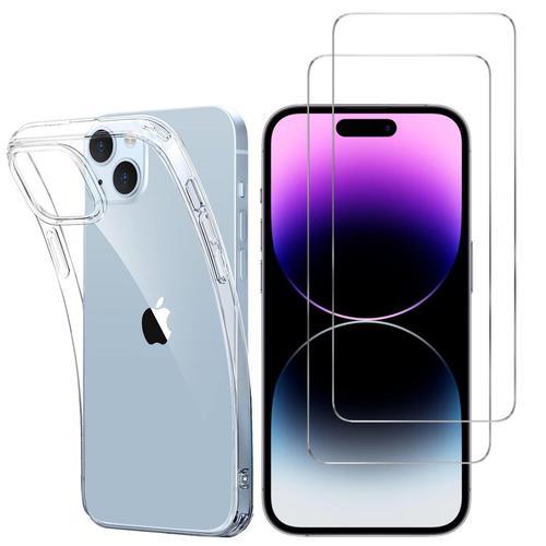 Hqselection® Coque Pour Iphone 15 Pro (6.1") Transparente Silicone En Gel Tpu Souple + 2 Verre Trempé Film Protection Écran - Anti Rayures - Ultra Résistant Dureté 9h