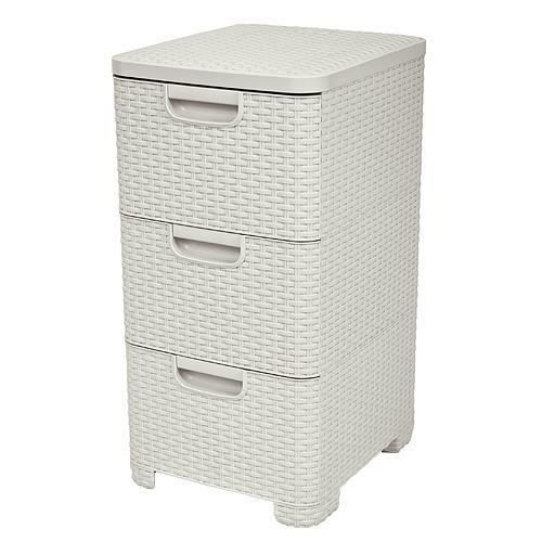 Commode En Plastique, 3 Tiroirs, Imitation Rotin, Blanc, 32x37x63 Cm, Curver