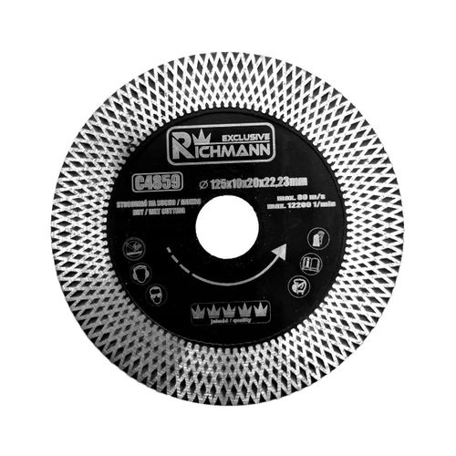 Disque diamanté turbo fin, double segmenté, plaques céramiques, coupe humide et sèche, 125x22,23x1,3 mm, Richmann Exclusive