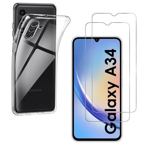 Hqselection® Coque Pour Samsung Galaxy A34 5g Transparente Silicone En Gel Tpu Souple + 2 Verre Trempé Film Protection Écran - Anti Rayures - Ultra Résistant Dureté 9h
