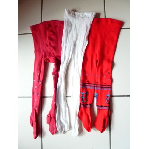 Lot De 3 Collants 1 Paire Blanche Fine,1 Paire Rouge Avec Motif Et 1 Paire Framboise Taille : 2/3 Ans